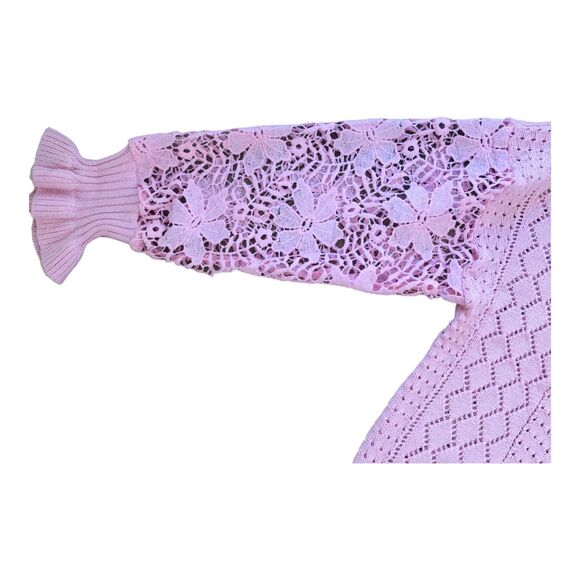 Women's Pink Lace Crochet Sleeve Romantic Boho Slouchy Chunky Sweater Top Size M - Picture 8 of 16